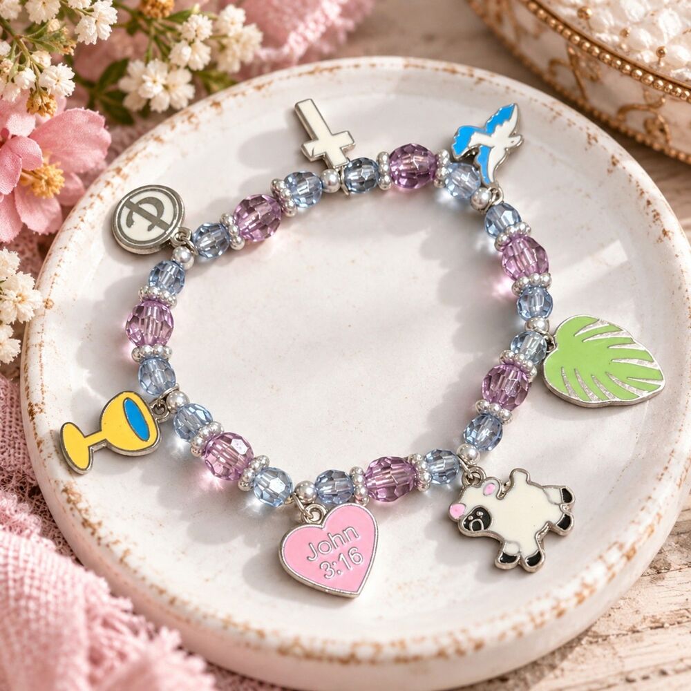 Christian John 3:16 Charm Bracelet Cross Dove Cow Pastel Beaded Stretch Jewelry